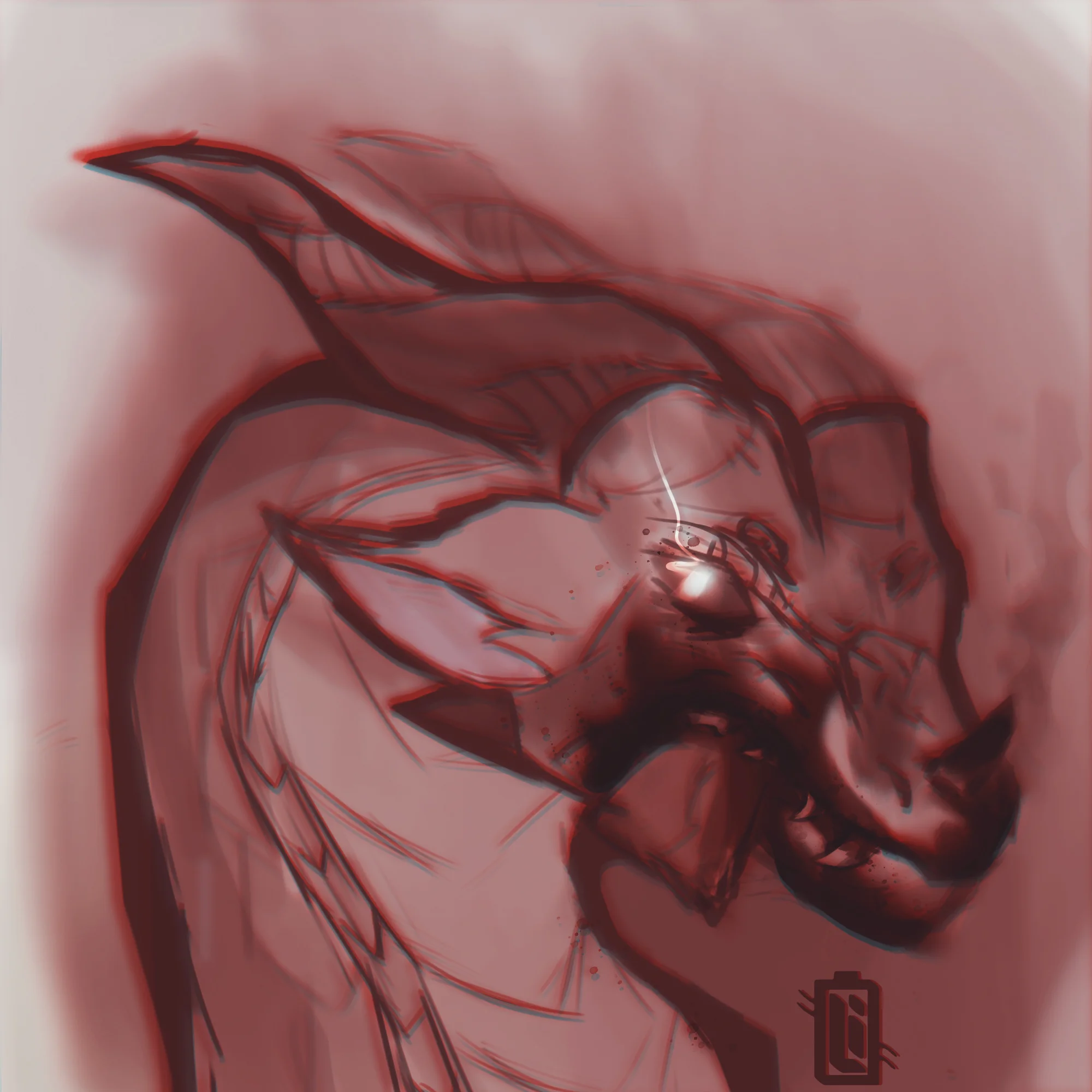 A digital sketch of a badass dragon head, rocking a dark red and black color scheme with a slick, shiny look. The dragon's got crazy detailed scales and a fierce, glowing eye that really pops. The background's all blurry and muted, making the dragon's sharp features and intense stare stand out.